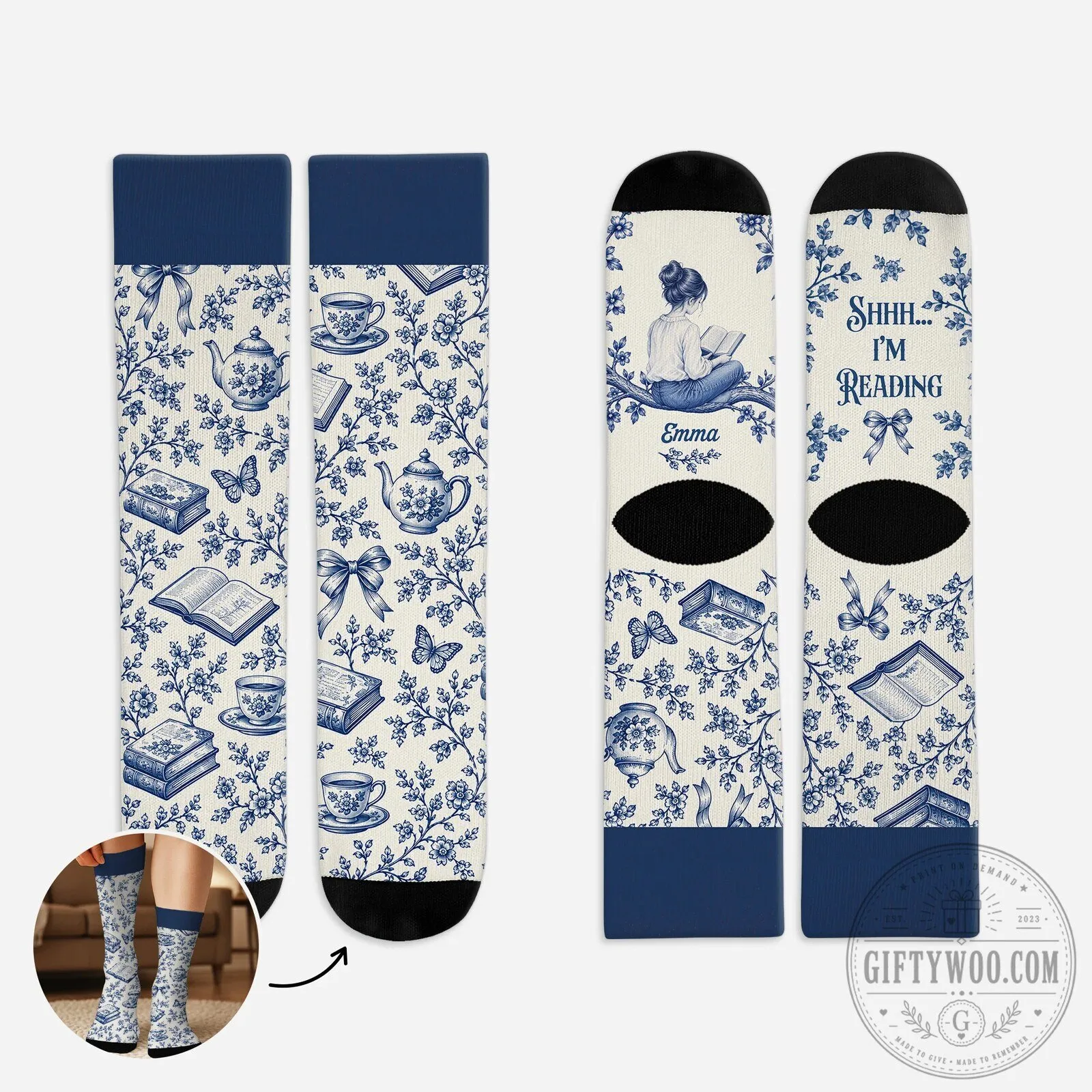 Shhh I'm Reading Personalized Book Lover Blue Chinoiserie Socks