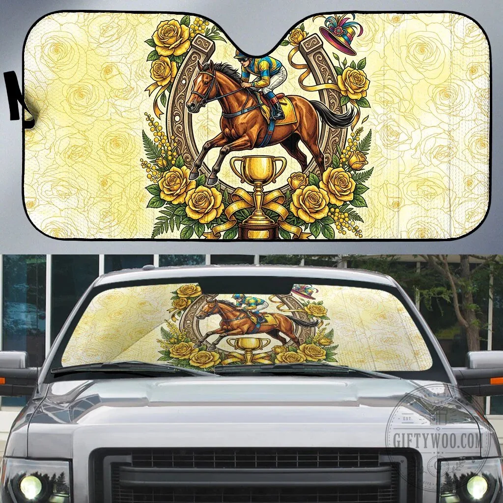 Melbourne Horse Race Jockey Floral Horseshoe Yellow Rose Car Sunshade
