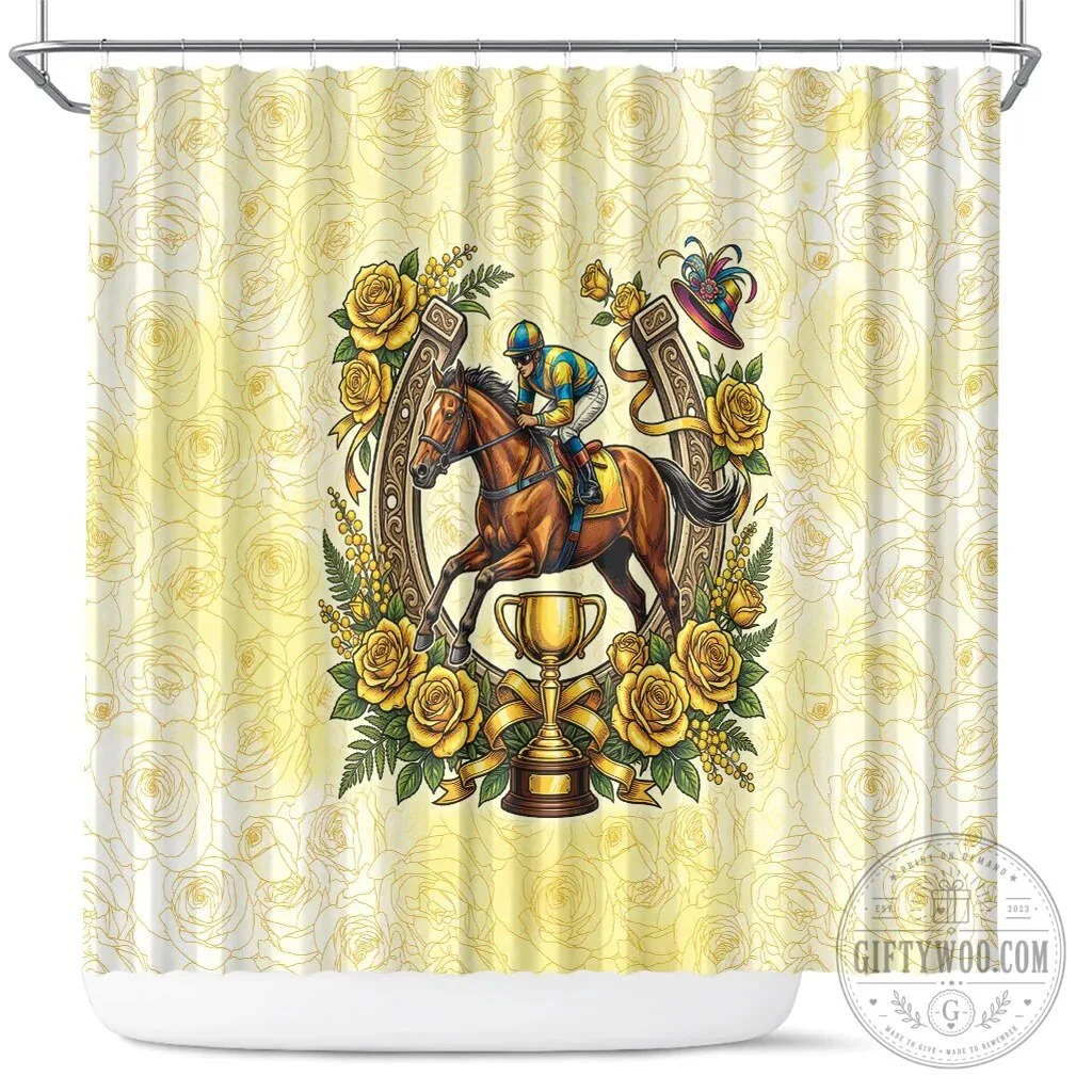 Melbourne Horse Racing Jockey and Horseshoe Yellow Rose Floral Shower Curtain