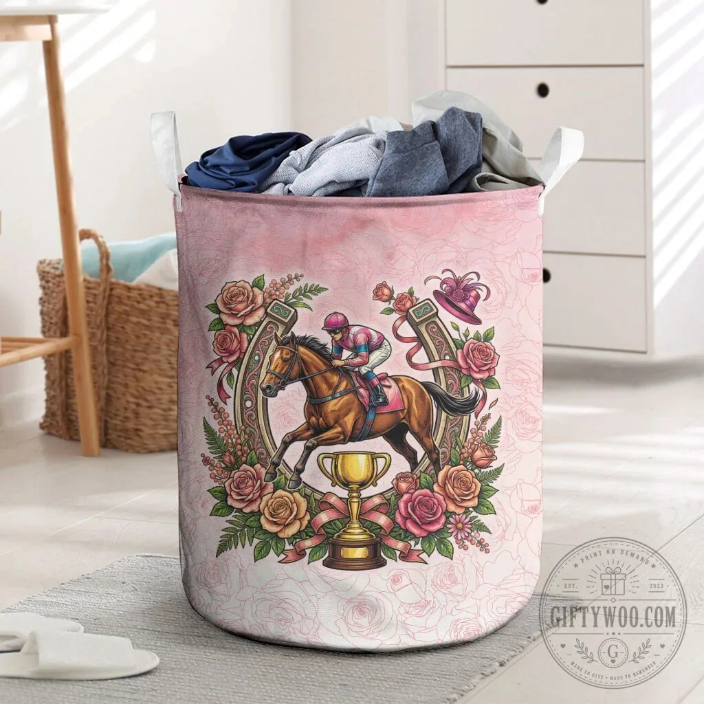 Melbourne Horse Racing Jockey Pink Rose Floral Horseshoe Laundry Basket