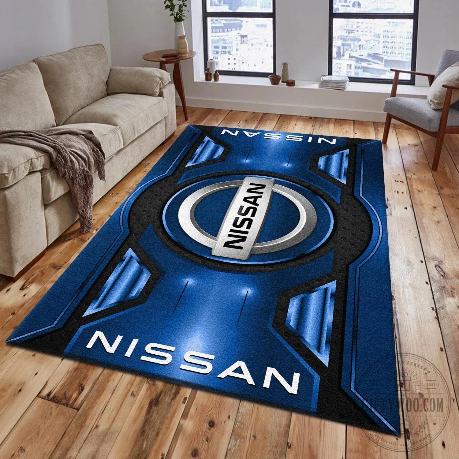 Nissan Car Logo Blue Metallic Design Area Rug
