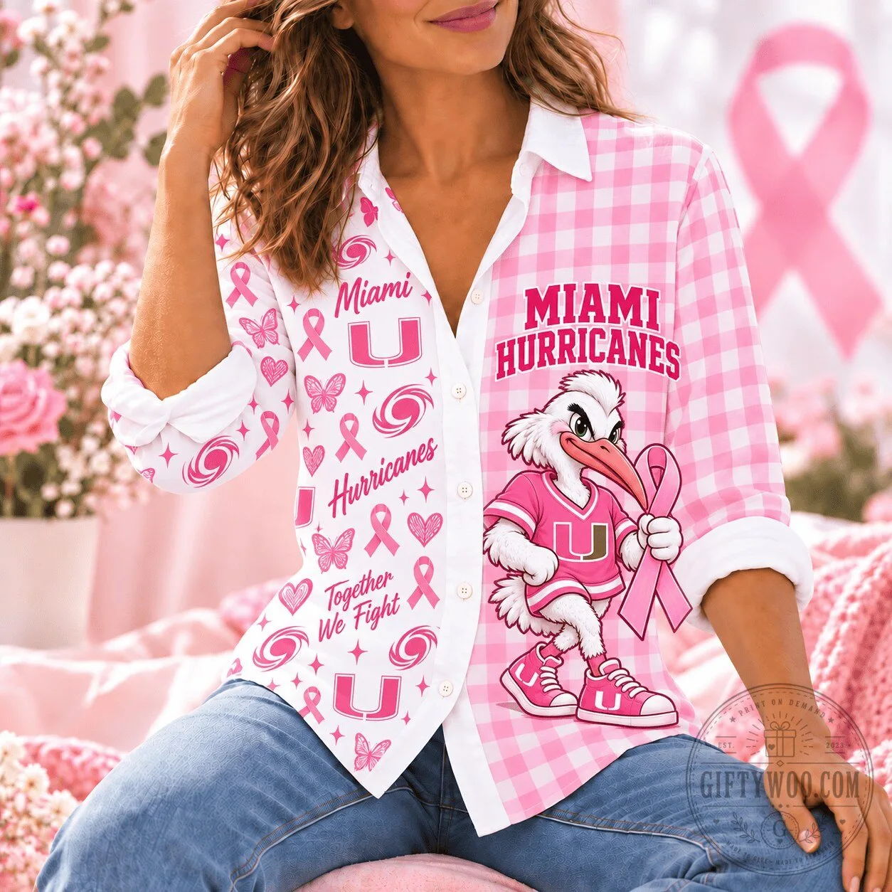 Miami Hurricanes Breast Cancer Awareness Pink Gingham Button-Up Shirt