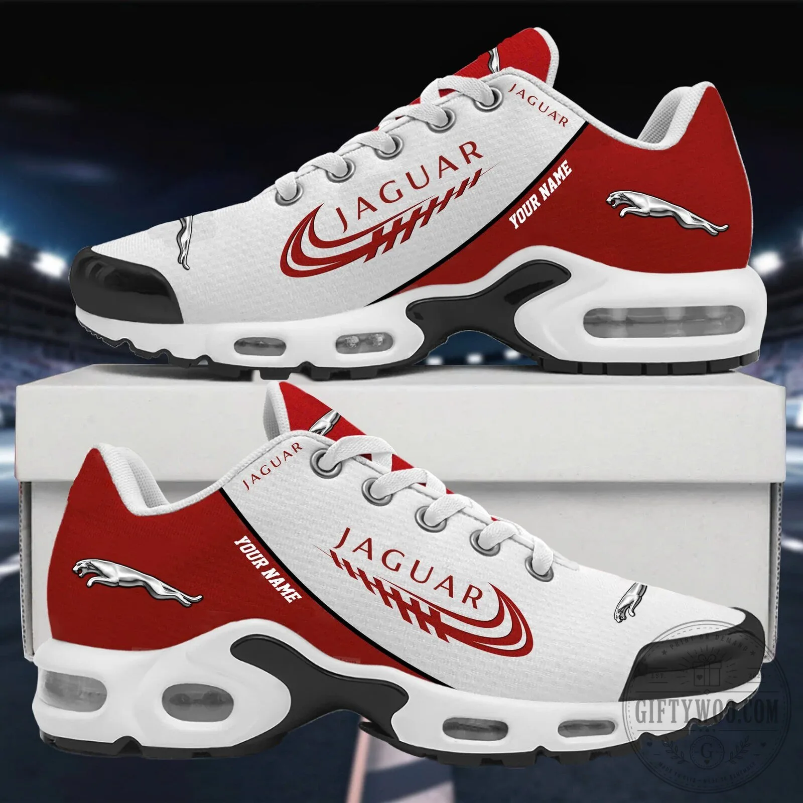 Jaguar Car Logo Custom Name Red and White Running Shoes