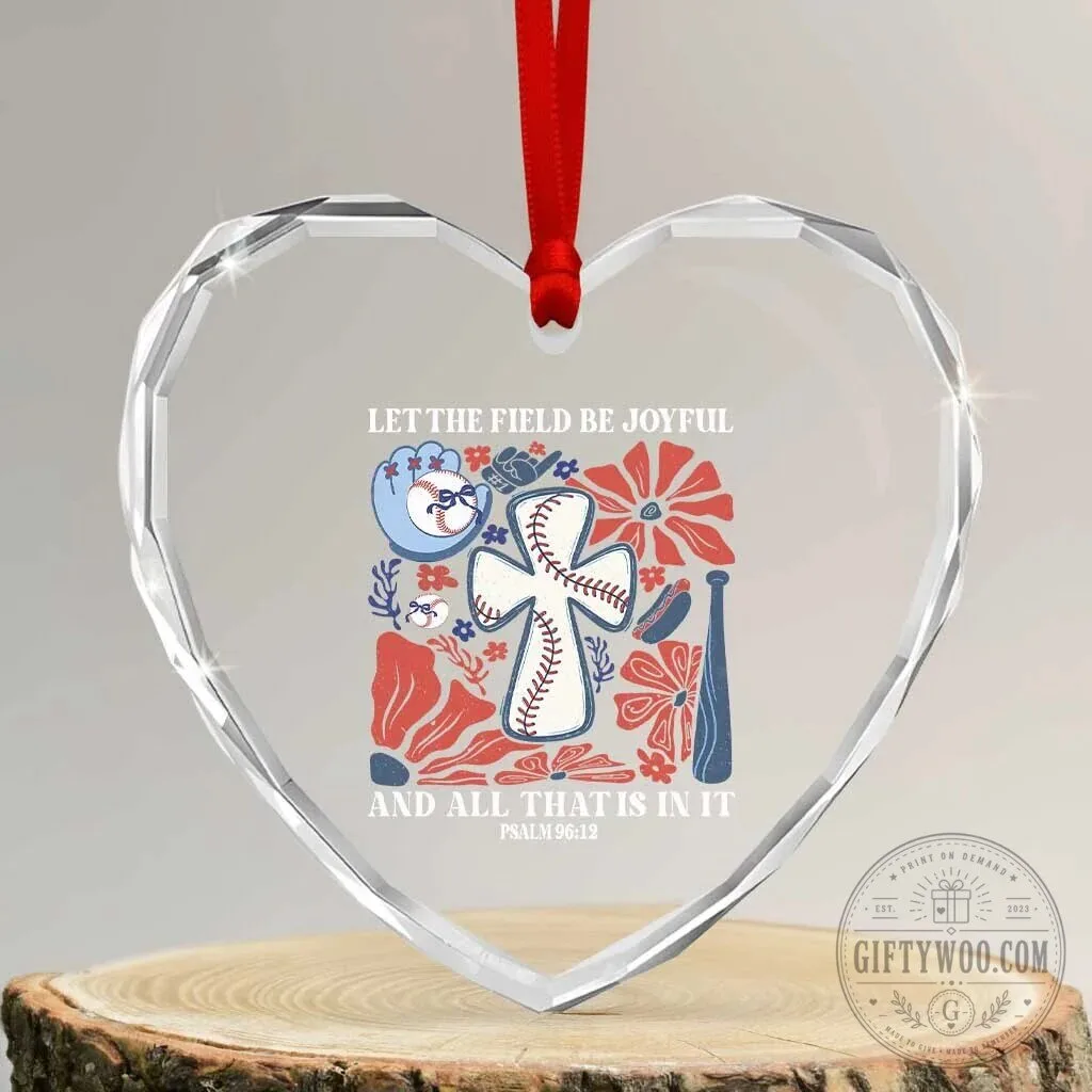 Baseball Christian Heart Crystal Glass Ornament with Bible Verse Psalm 96:12