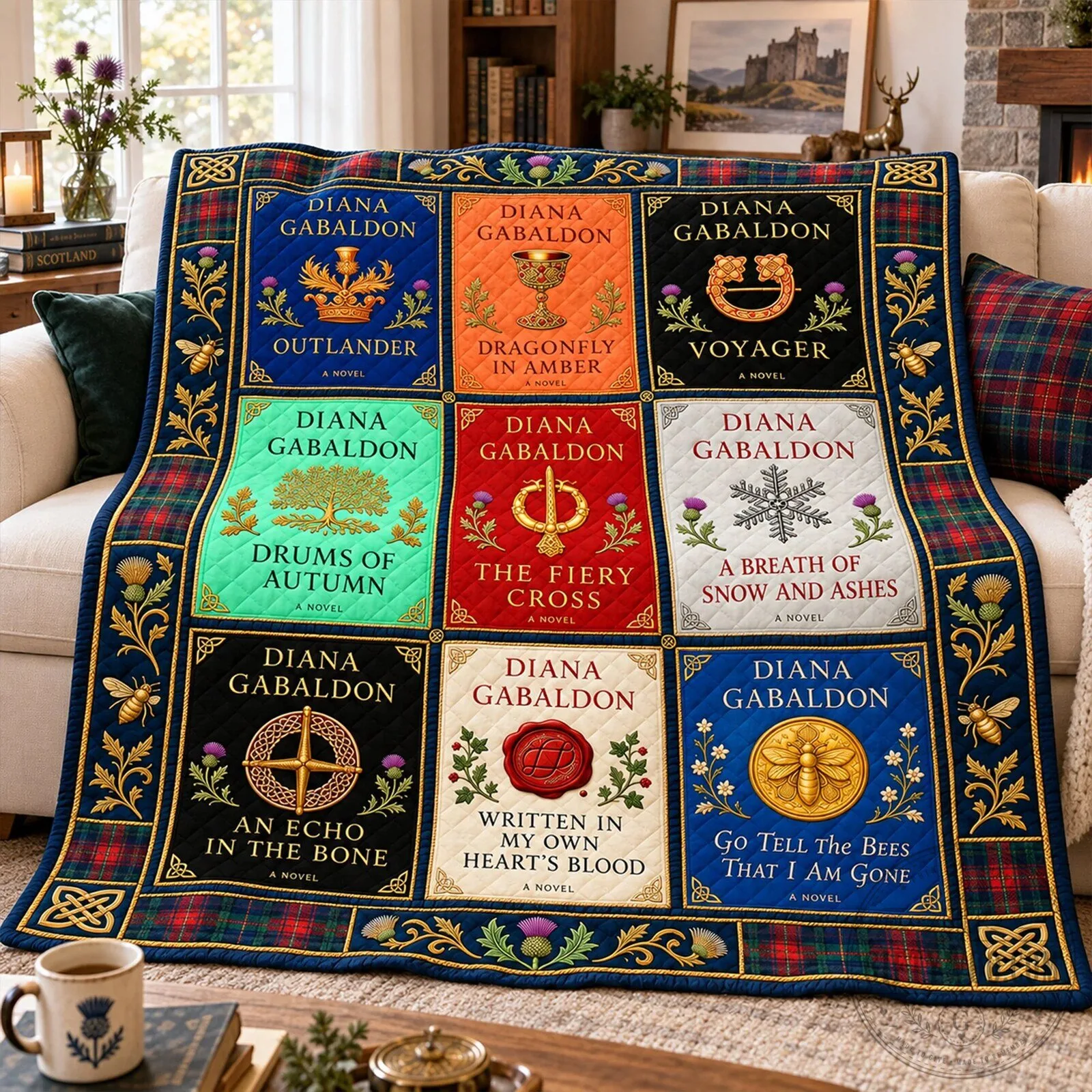 Outlander Book Covers Collection Scottish Thistle Bees Pattern Quilted Blanket