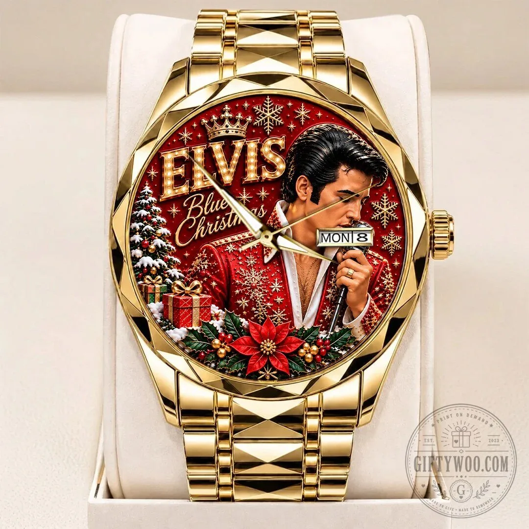 Elvis Presley Blue Christmas Holiday Gold Tone Quartz Watch