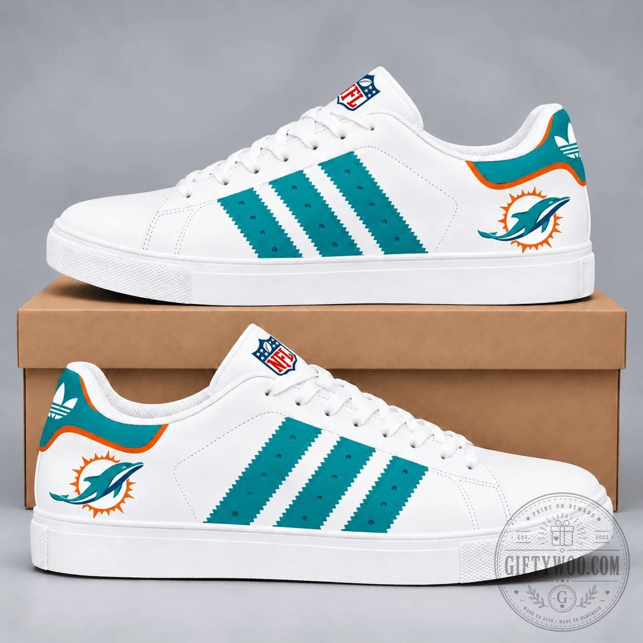 Miami Dolphins NFL Team Logo White and Teal Stripe Sneakers Shoes
