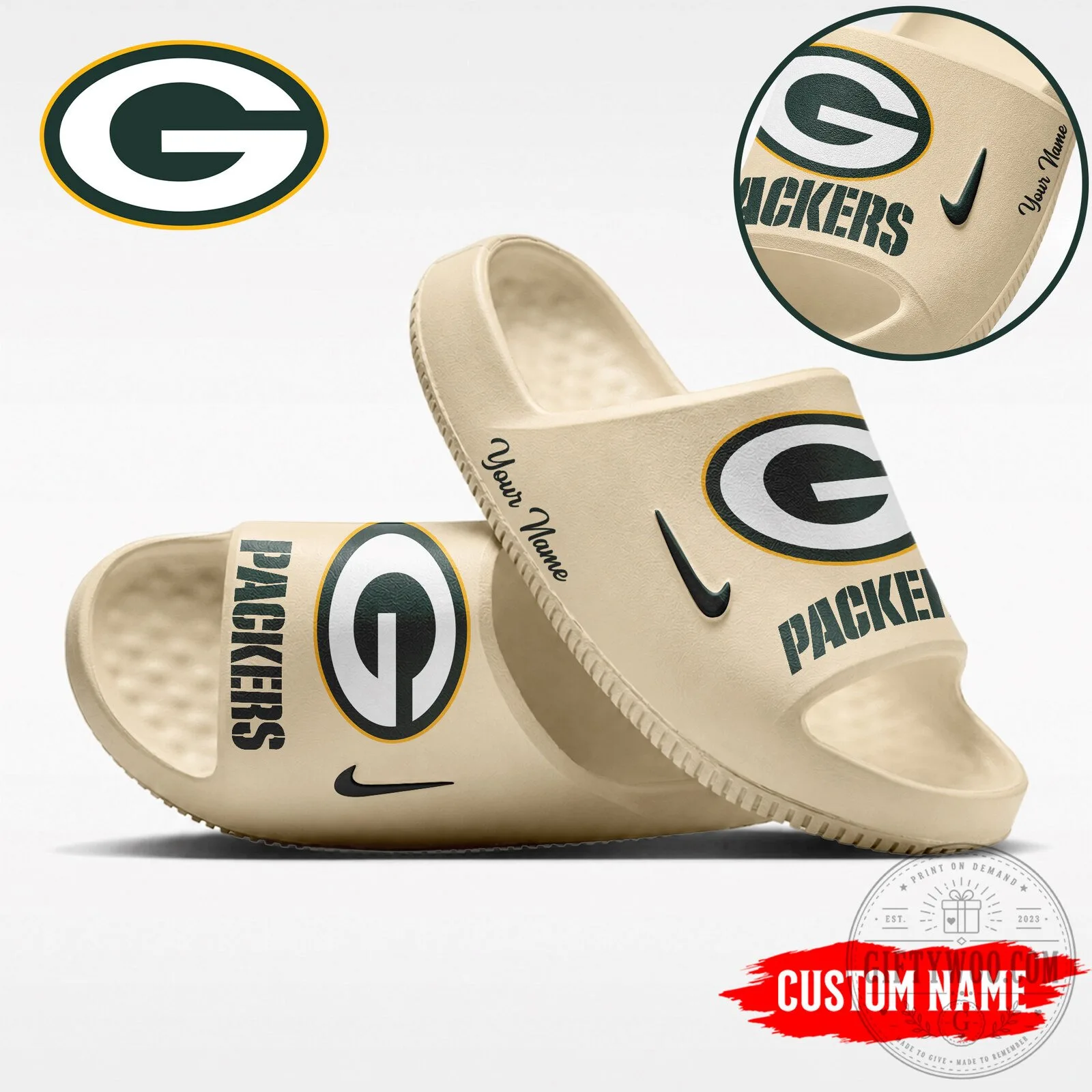 Green Bay Packers Custom Name NFL Team Logo Beige Slide Sandals