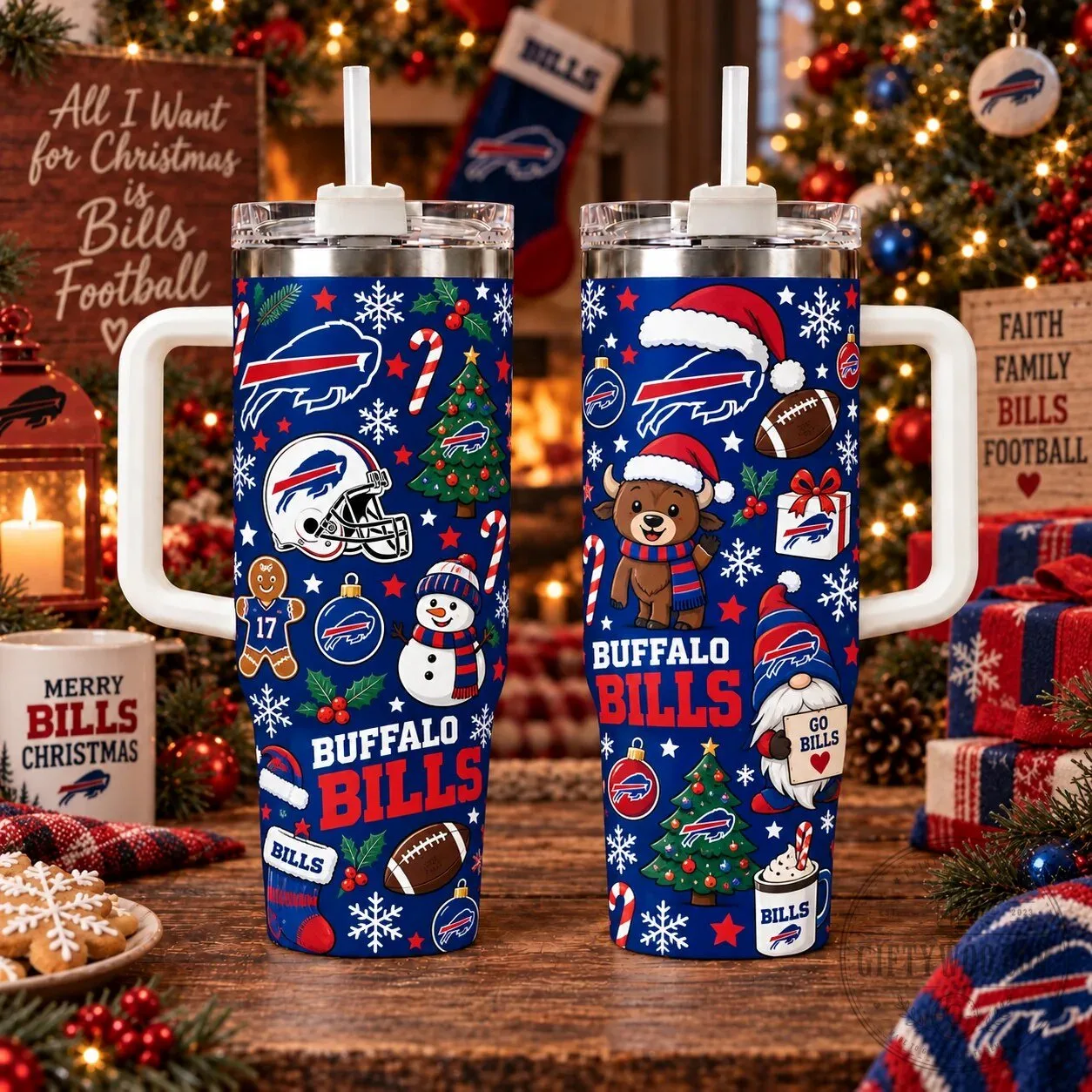 Buffalo Bills Christmas Football Team Winter Season Insulated Tumbler with Handle