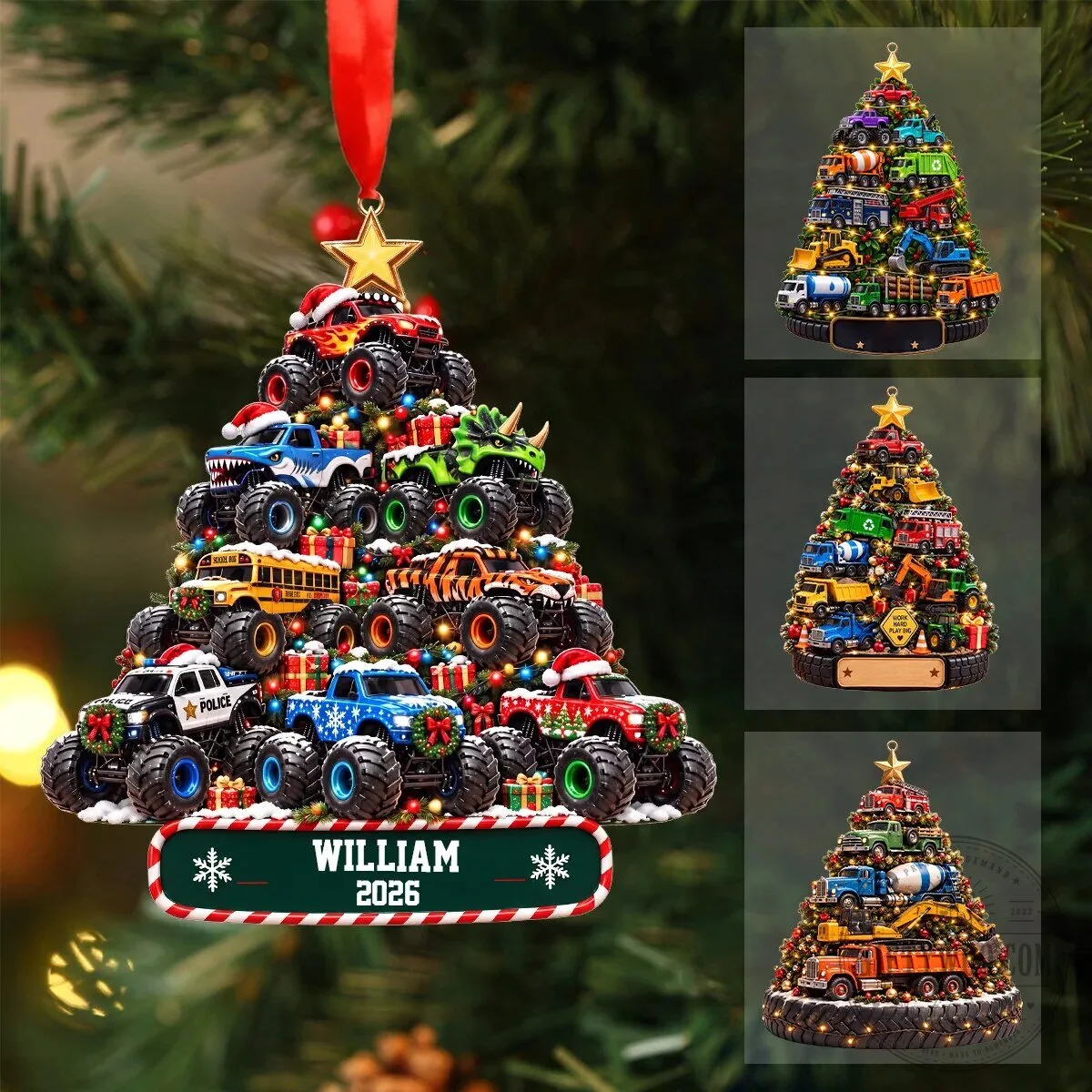 Personalized Monster Truck Christmas Tree Ornament for Kids with Custom Name