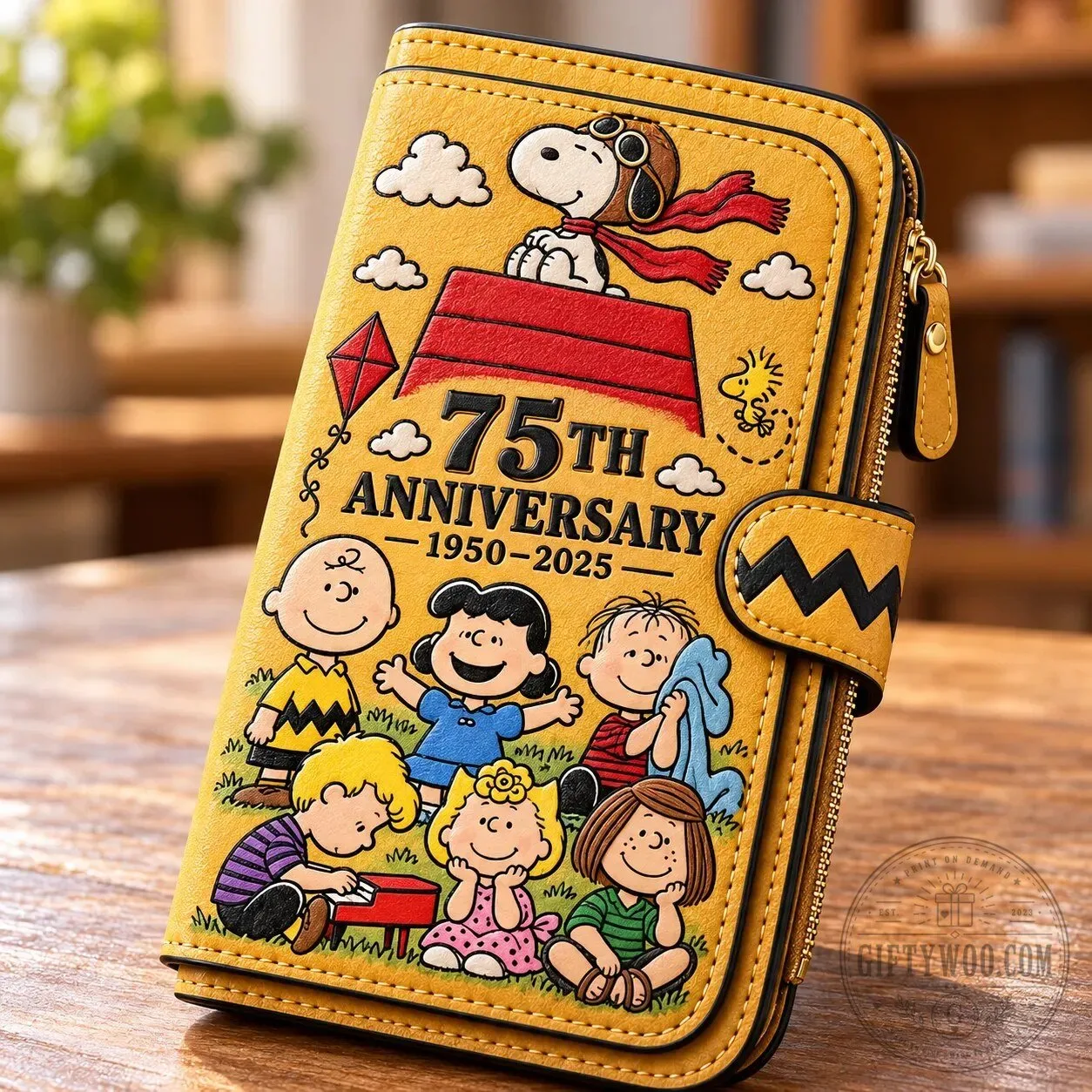 Peanuts 75th Anniversary Snoopy and Friends Yellow Faux Leather Wallet