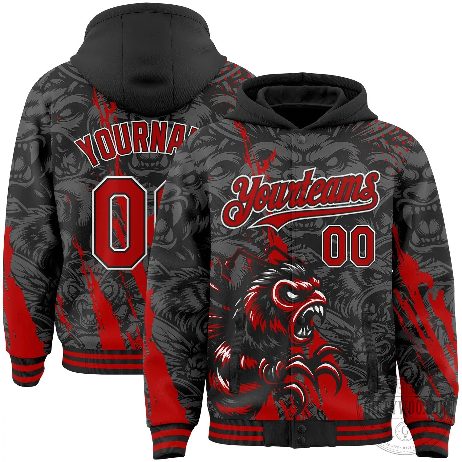 Custom Red Black Gray Hornet Scratch Bomber Full-Snap Varsity Letterman Hoodie Jacket