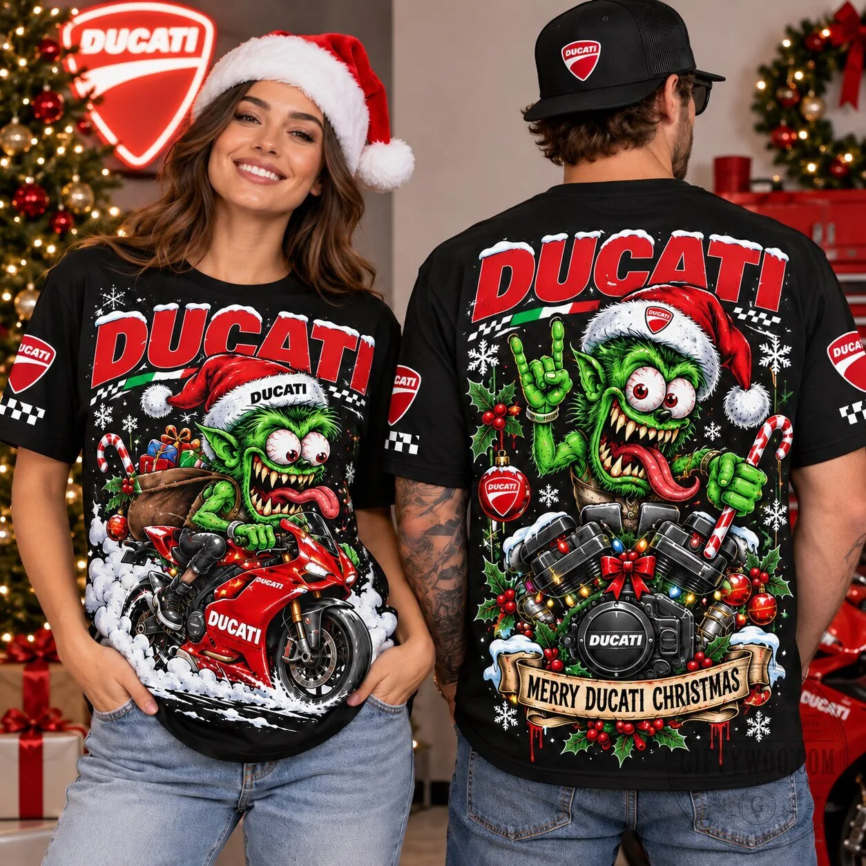 Ducati Christmas Racing Motorcycle Goblin Engine T-Shirt