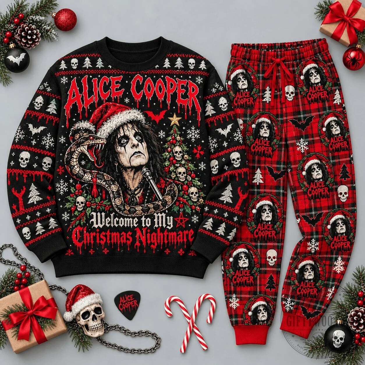 Alice Cooper Welcome To My Christmas Nightmare Holiday Sweater and Pajama Set