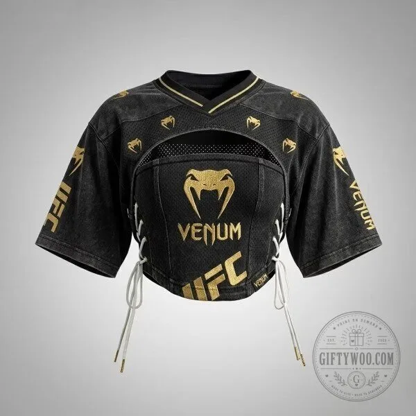 UFC Venum Black and Gold Cropped Mesh Lace-Up Short Sleeve T-Shirt