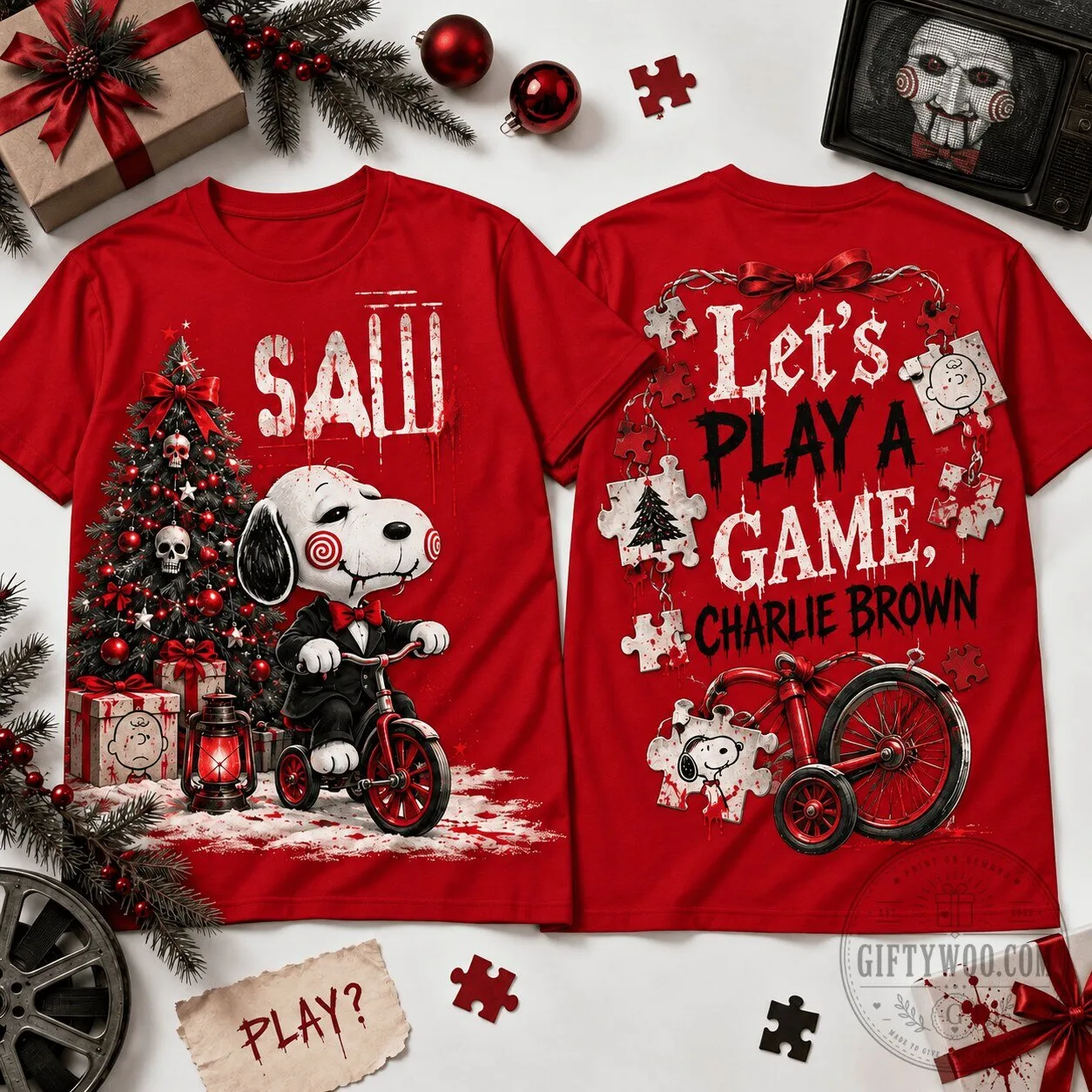 Saw Jigsaw Snoopy Christmas Game Let's Play A Game Charlie Brown T-Shirt