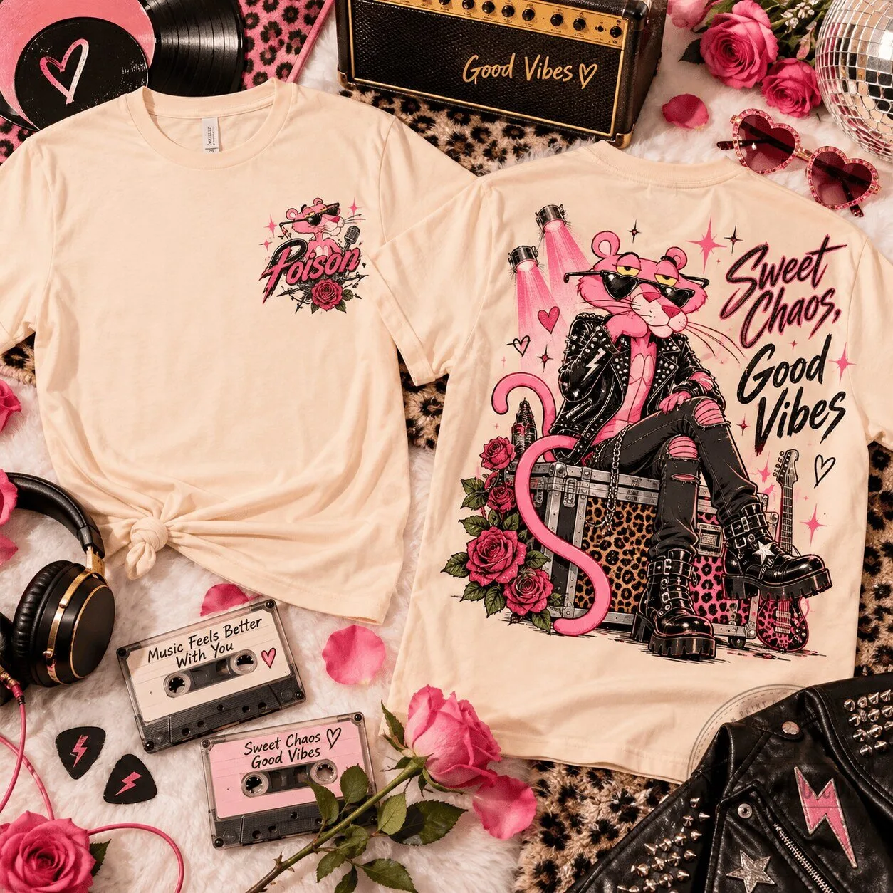 Pink Panther Sweet Chaos Glam Rock Poison Band Graphic T-Shirt