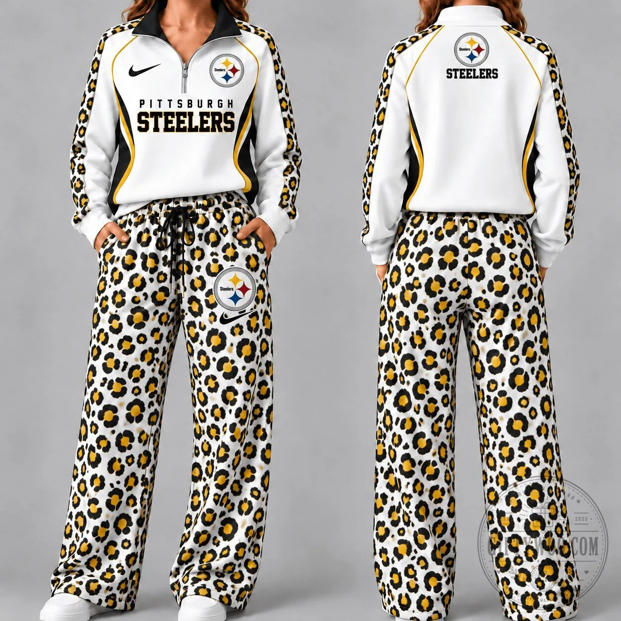 Pittsburgh Steelers Leopard Print Quarter Zip Pullover Hoodie