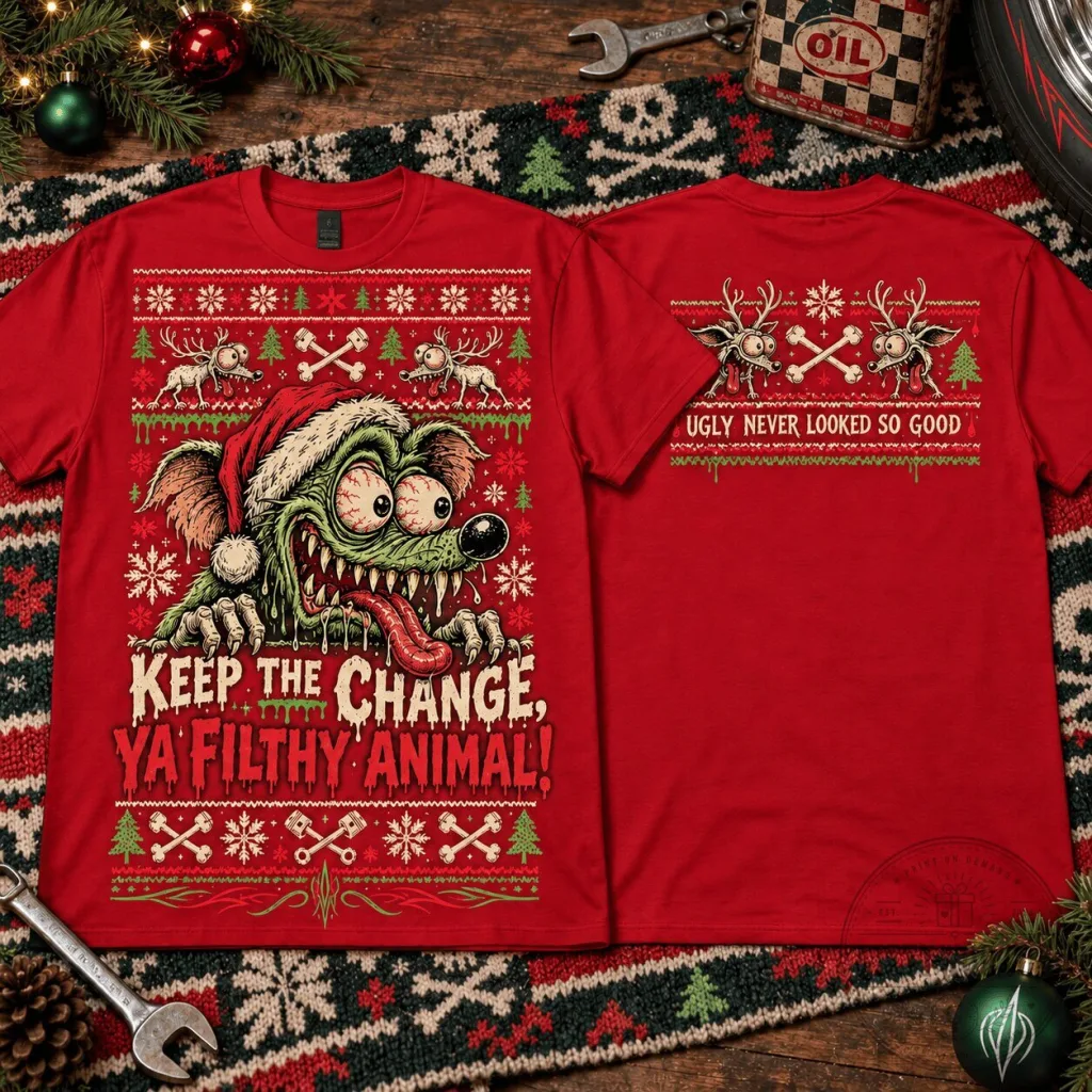 Rat Fink Keep The Change Ya Filthy Animal Ugly Christmas Sweater Style T-Shirt Rat Fink Keep The Change Ya Filthy Animal Ugly Christmas Sweater Style T-Shirt